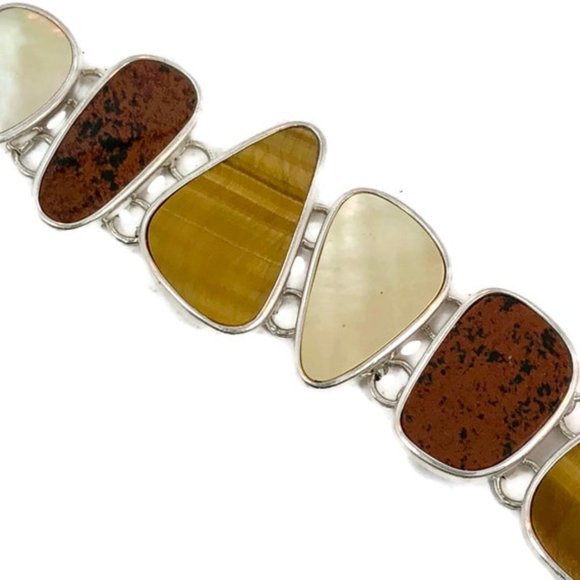 Stone Bracelet, Sterling Silver, Tiger Eye, Red, Jasper, MOP, Pearl, Vintage - Picture 2 of 6